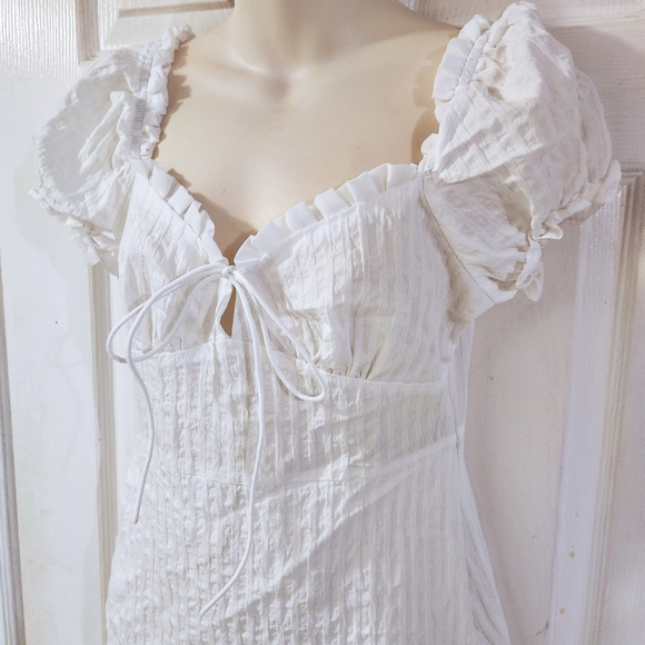 ZARA Sweetheart Neck Puff Sleeve Ruch Frill Trim Tie Front Mini Dress - Picture 3 of 8